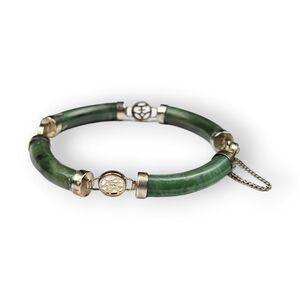 Vintage Good Luck Bracelet Green Chrysoprase Tube Link Chinese Characters ~6.5"